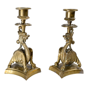 19th Century Victorian Pair of Brass Dragon or Griffin Form Candlesticks, Probably French