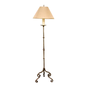 Vintage Wrought Iron Candlestick Floor Lamp With Double Scrolled Tripodal Base