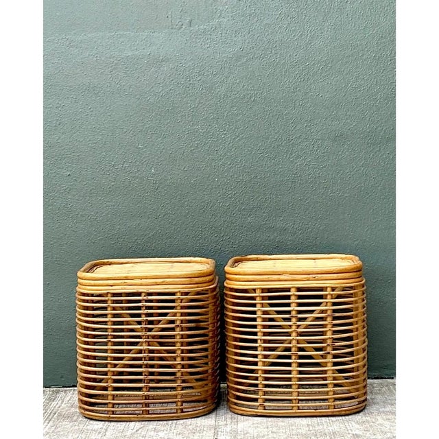 Vintage Woven Rattan Side Tables - Pair For Sale - Image 4 of 12