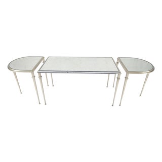 Heavy Silver Gilt Steel Mirrored Top Racetrack Shape 3 Pieces Coffee End Tables For Sale