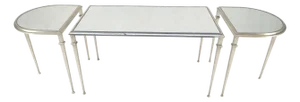 Heavy Silver Gilt Steel Mirrored Top Racetrack Shape 3 Pieces Coffee End Tables