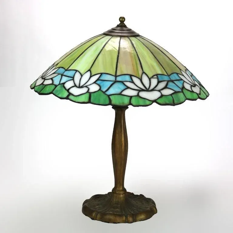 Arts & Crafts Handel School Leaded Stained Glass Water Lily Table