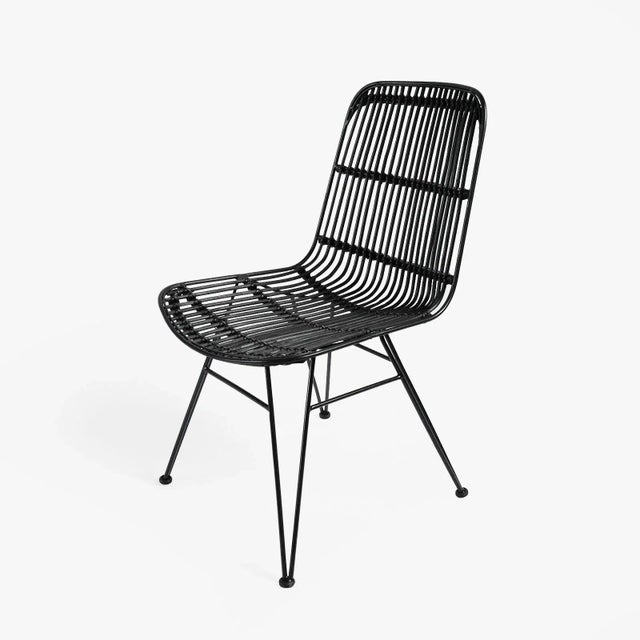 Black rattan and iron dining chair. Give your table a tropical-contemporary feel with this chair that works great indoors...