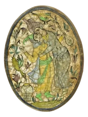 Antique Persian Iznik Qajar Style Ceramic Pottery Oval Tile Couple Embrace C3