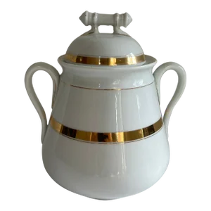 Vintage Ironstone Biscuit Barrel or Sugar Bowl White With Gold Acvents