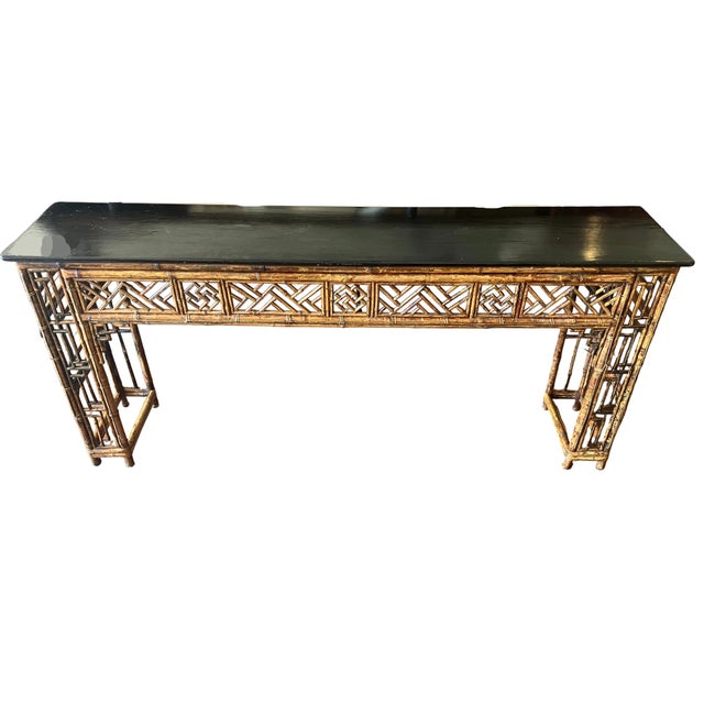 Asian Asian Bamboo Sofa Table With Black Lacquer Top & Wood Joinings For Sale - Image 3 of 8