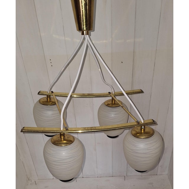 Metal Mid-Century Japanese Ceiling Lamp with Pagoda-Shaped Brass Frame and Lantern Glass Shades, 1960s For Sale - Image 7 of 8