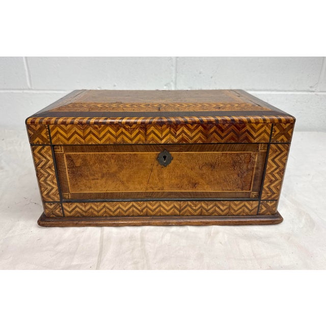 Folk Art Antique 19th Century Handmade Inlaid Marquetry Parquetry Wood Jewelry Sewing Box For Sale - Image 3 of 17