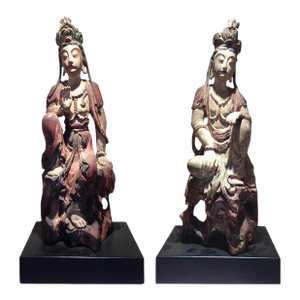 19th Century Pair of Chinese Wood Statues of Bodhisattva Buddhism Art