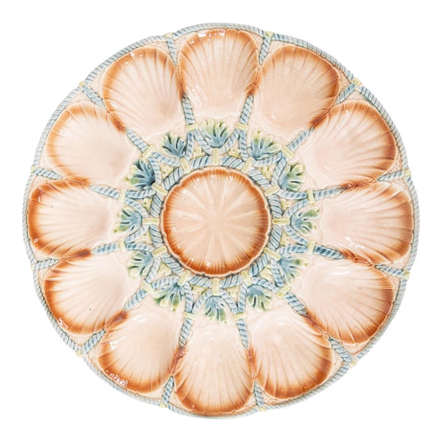 Large Antique French Sarreguemines Majolica Oyster Platter, Circa 1920 For Sale