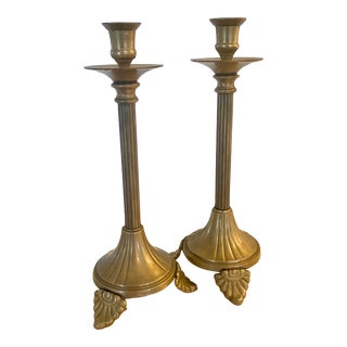 Vintage Antique Brass Footed Candlesticks, a Pair For Sale