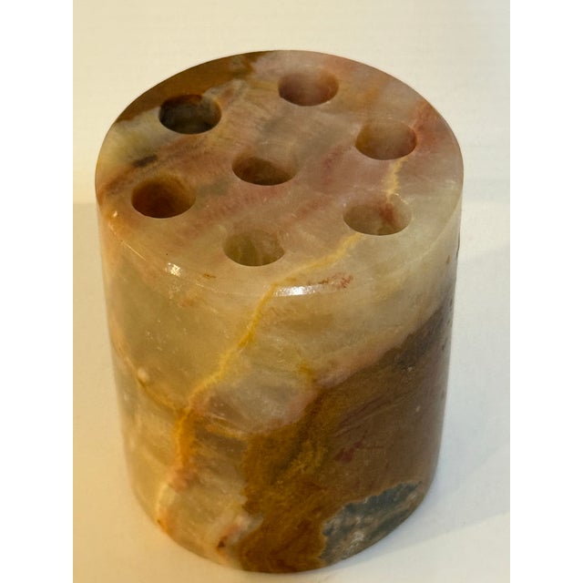 Vintage hand-carved Mexican onyx pen and pencil holder with dramatic natural banding in cream, amber, rust, and caramel...