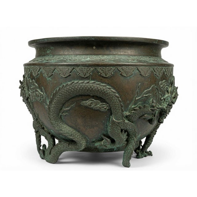 Metal Meiji Bronze Jardiniere Relief Cast Dragons Signed Yoshida Zo Monumental For Sale - Image 7 of 12