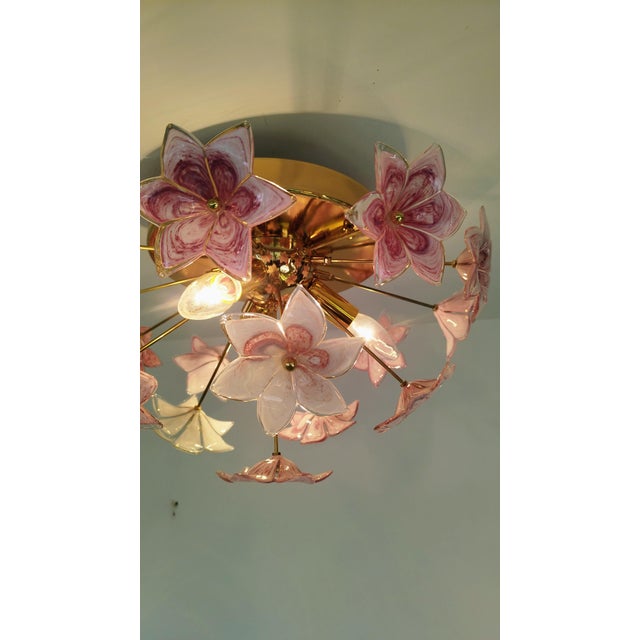 Hollywood Regency Murano Style Flush Mount Pink Purple Flower Ceiling Light Glass Chandelier For Sale - Image 3 of 11