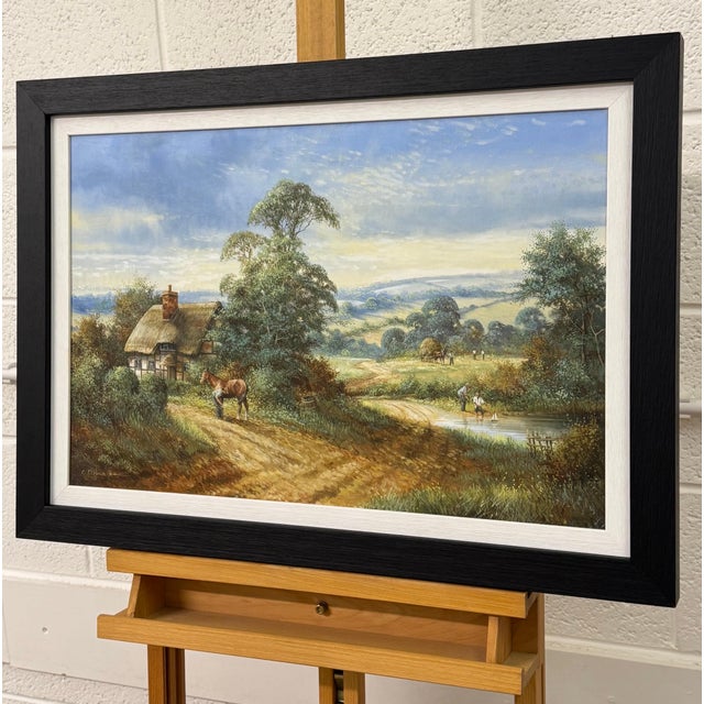 Rural Scene with Horses, Farm Workers & Thatched Cottage in English Countryside 1980 Circa For Sale - Image 11 of 16