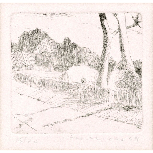 Lithograph of a person sitting on a park bench by Mercado (20th Century). Signed by the artist in pencil in the lower...