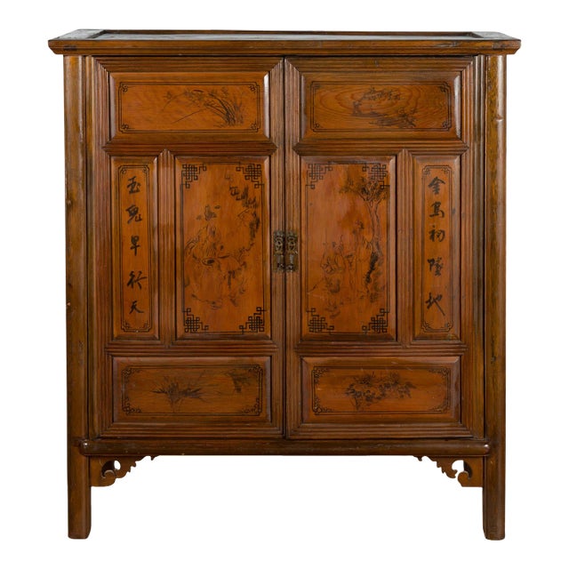 Early 20th Century Chinese Hand-Painted Figure & Calligraphy Cabinet For Sale