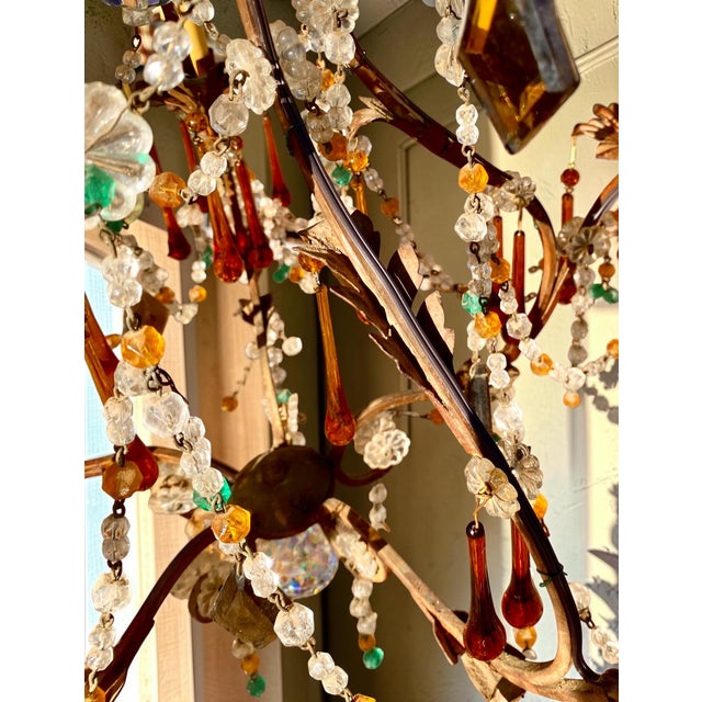 Antique Italian Iron and Colored Crystal Chandelier With Crystal Beading For Sale - Image 4 of 18