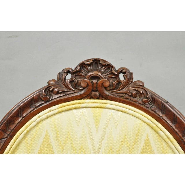 Antique French Louis XV Style Carved Walnut Yellow Fabric Boudoir Lounge Chair For Sale - Image 4 of 14