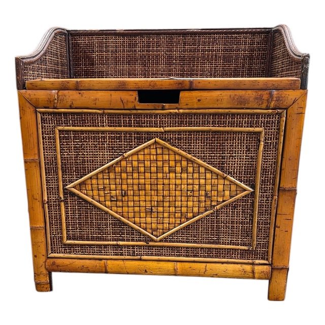 Vintage British Colonial Style Bamboo and Grasscloth Nightstand Storage Chest. For Sale