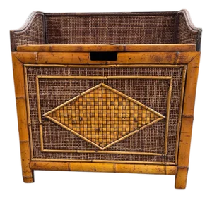 Vintage British Colonial Style Bamboo and Grasscloth Nightstand Storage Chest.