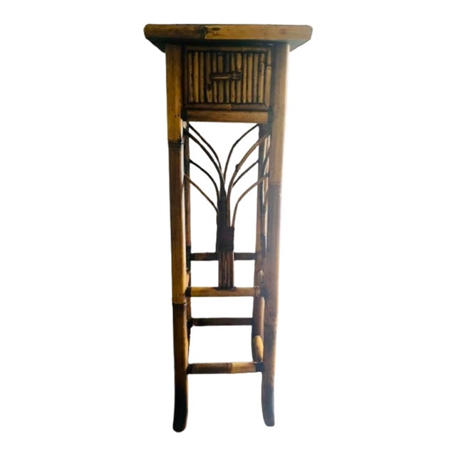 Vintage Tortoiseshell Rattan Plant Stand Side End Table With Drawer For Sale