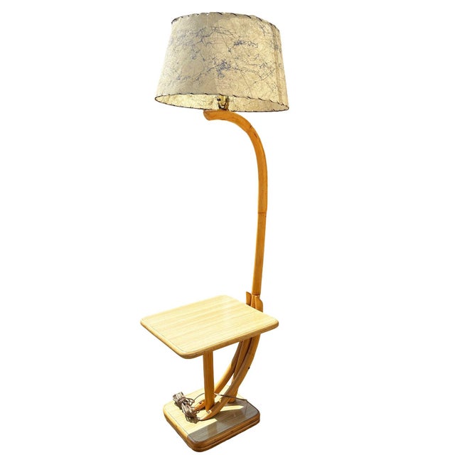 1950s 1950s Rare Restored Two-Tier Rattan Floor Lamp W/ Built-in Formica Top Side Table For Sale - Image 5 of 11