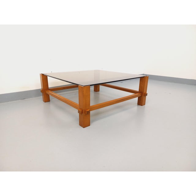 Vintage Square Italian Coffee Table in Wood and Smoked Glass from Fontana Arte, 1960s For Sale - Image 4 of 16