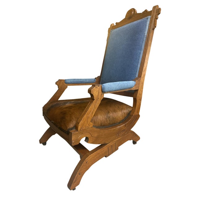 Victorian 'Desperado Eastlake' 19th Century Rocking Chair Reupholstered in Cowhide and Denim 23" X 23" X 40" For Sale - Image 3 of 10