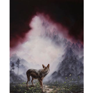 Red Wolf by Brian Mashburn | Oil on panel of a wolf in a misty mountainous landscape For Sale