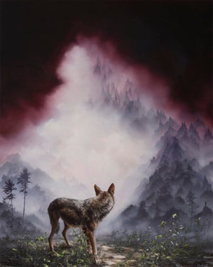 Red Wolf by Brian Mashburn | Oil on panel of a wolf in a misty mountainous landscape