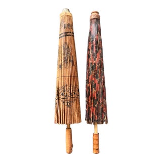 Vintage Boho Asian Patinated Paper Parasols - Set of 2 For Sale