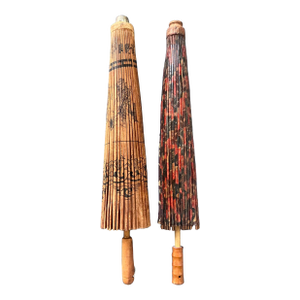 Vintage Boho Asian Patinated Paper Parasols - Set of 2