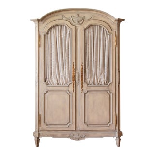 Monumental French Provincial Bleached Oak Armoire With Carved Urn Crest For Sale