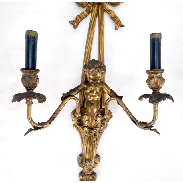 Pair Antique Gilt Bronze Two-Light Wall Sconce w/ Cherub Louis XVI Style NICE For Sale - Image 9 of 12