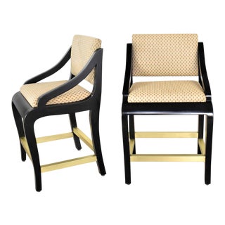 Vintage Modern Black Painted Brass & Upholstered Counter Height Bar Stools, a Pair For Sale