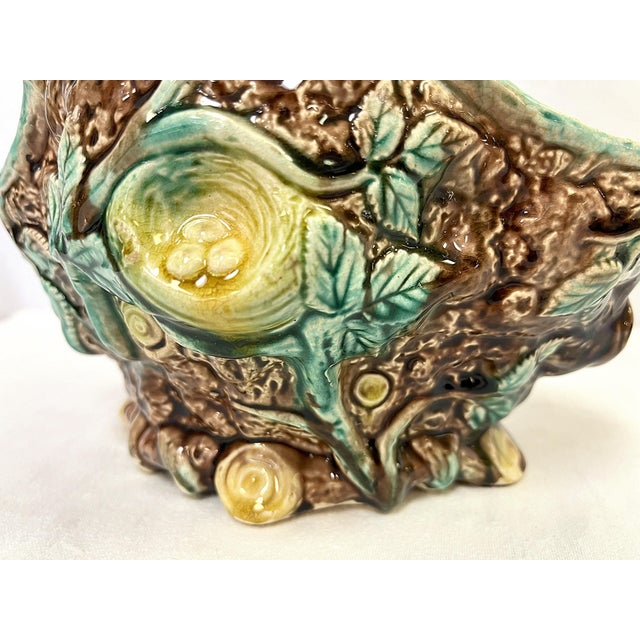 Ceramic Vintage Italian Majolica Faux Bois Birds Nest Ceramic Basket Vase For Sale - Image 7 of 12