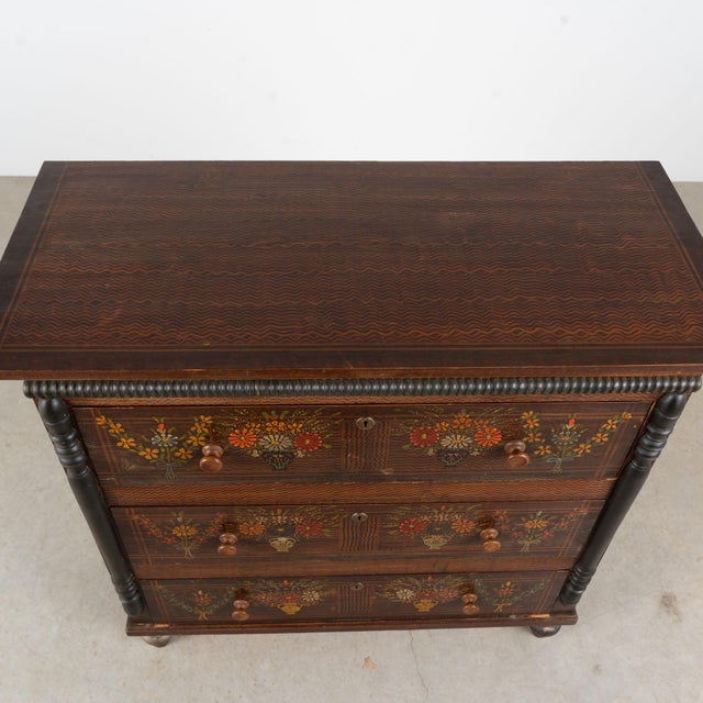 19th Century Hungarian Original Hand-Painted Pine Chest of Three Drawers For Sale - Image 4 of 16