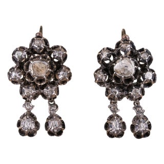 Antique Georgian Rose Cut Diamond Silver Dangle Earrings, A Pair For Sale