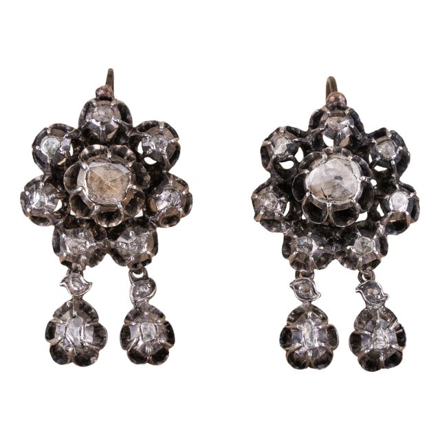 Antique Georgian Rose Cut Diamond Silver Dangle Earrings, A Pair For Sale