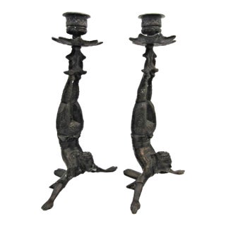 Matched Pair of Vintage Boho Patinated Bronze Acrobat Candle Holders For Sale