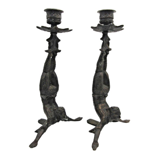Matched Pair of Vintage Boho Patinated Bronze Acrobat Candle Holders For Sale