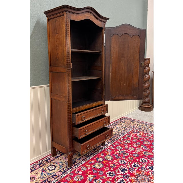 Antique French Louis XV Style Armoire Linen Cabinet Chest Bonnetiere Oak For Sale - Image 9 of 17