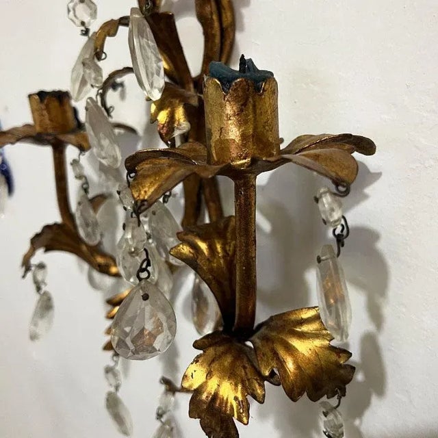 Metal 1970s Crystal and Tole Metal Gold 2 Arm Candlestick Wall Sconce - Italy For Sale - Image 7 of 7