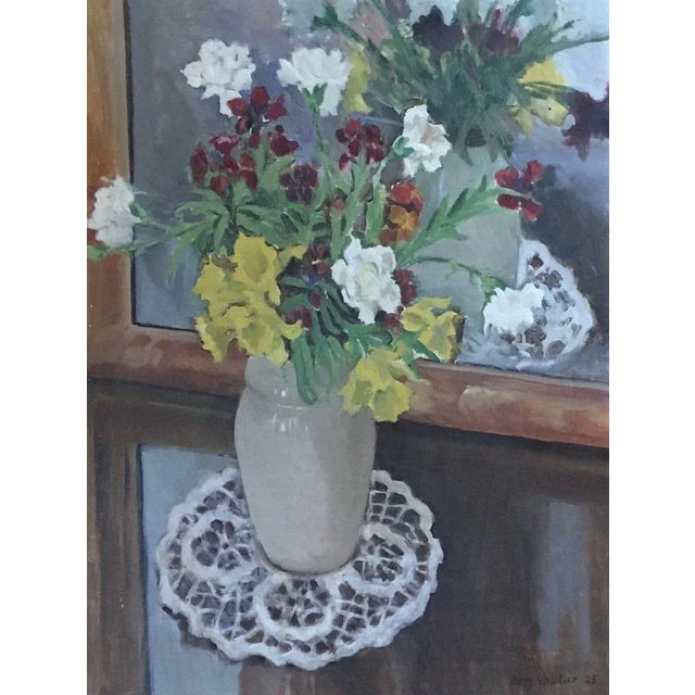 Benjamin II Vautier, Nature morte fleurs en vase au Napperon, 1925, Oil on Canvas For Sale - Image 8 of 8
