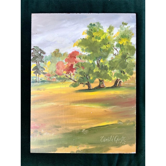 Vintage impressionist fall landscape oil painting on panel by listed Philadelphia artist Harold Grote. Measures 12” x 16”...