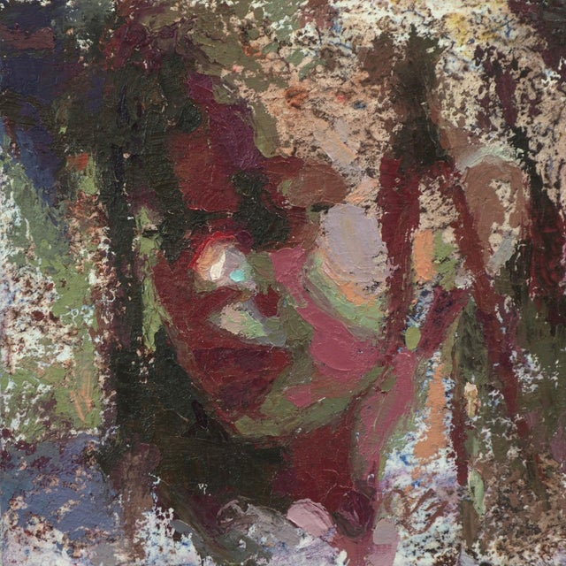 Colors of the Map by Lisa Fricker | Oil on panel abstract representation of a face For Sale