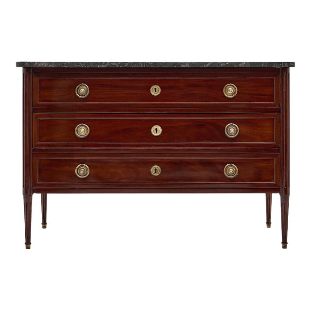 Louis XVI Mahogany Chest, Antique French, Gray Marble, Circa 1820 For Sale