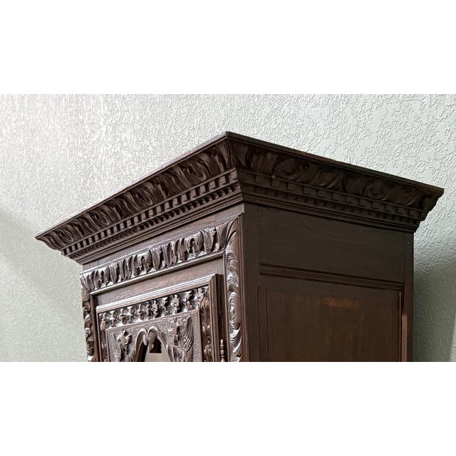 Antique French Breton Bookcase Armoire Linen Cab Wavy Glass Carved Chestnut 19th For Sale - Image 11 of 18