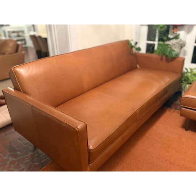 Mid-Century Modern West Elm Axel Leather Sofa + Matching Ottoman For Sale - Image 3 of 4